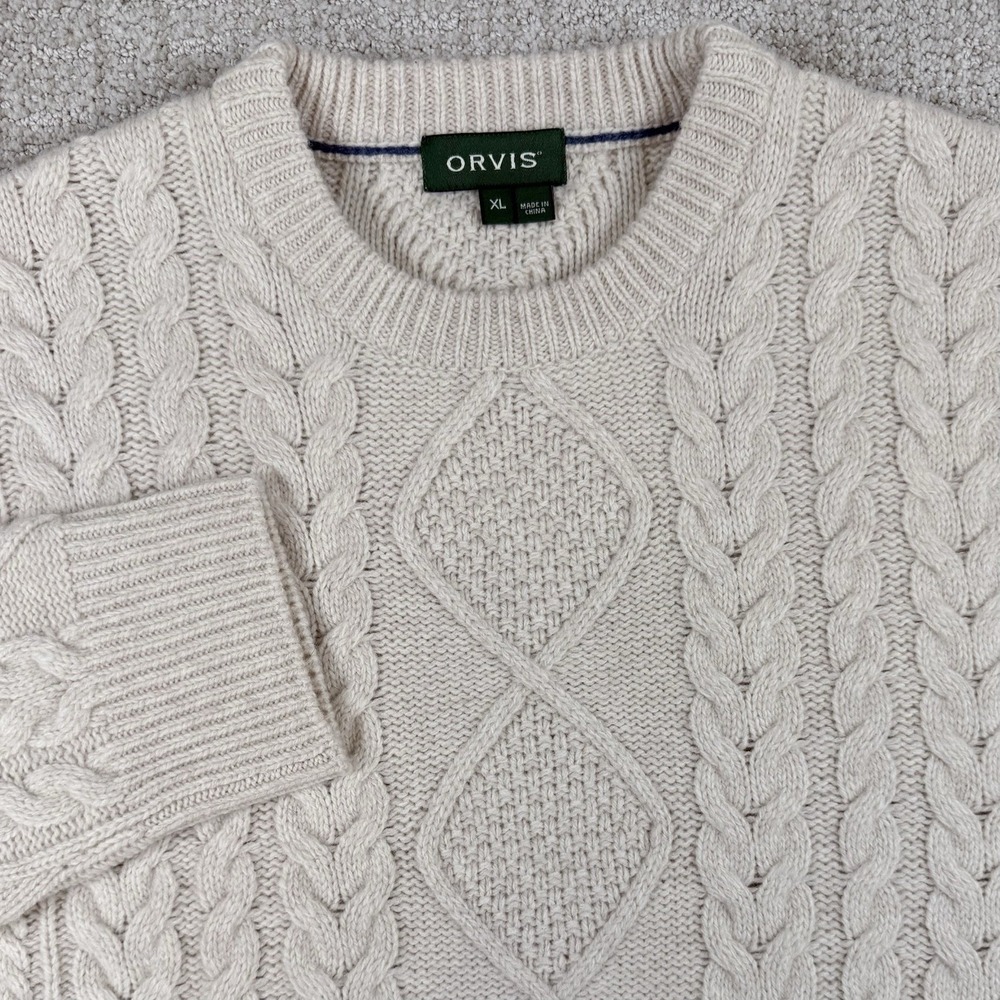 Orvis Men's XL Beige Ivory Cable Knit Wool Nylon Fisherman Crew Neck Sweater